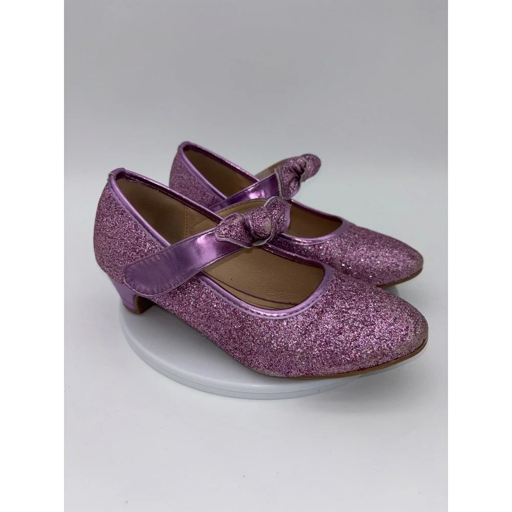GLITTER MARY JANE SHOES Girls Purple Bow Sparkle Heel Party Daddy Daughter Dance